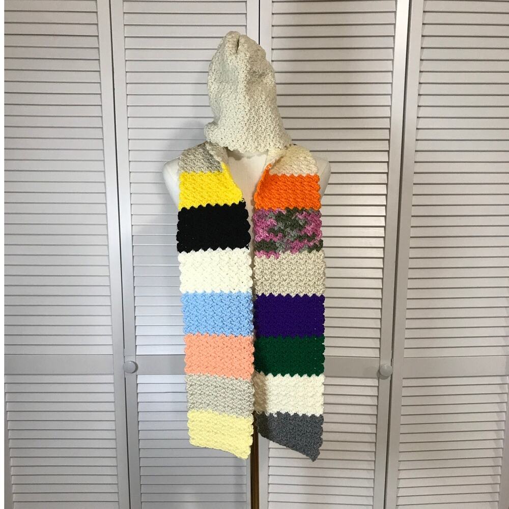 NWT Handmade Crochet Textured Winter Patchwork Scarf 64” & White Beanie - Picture 1 of 3